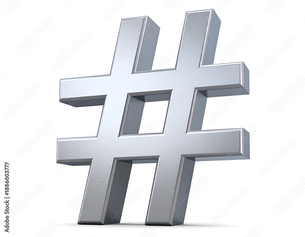 Fototapeta premium Silver metallic hashtag symbol on a white background with a drop shadow, presented in a 3/4 perspective