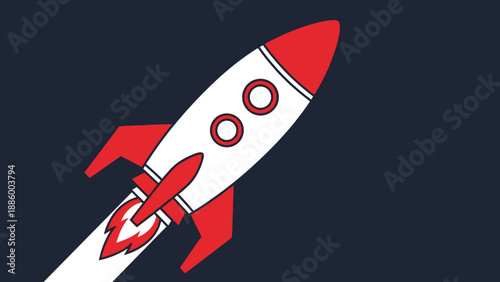 Cartoon Rocket Launching into Space with Red and White Design.