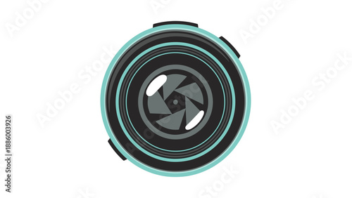 Close up of a camera lens aperture with teal accents.