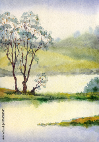 Watercolor landscape. Tree by the lake.