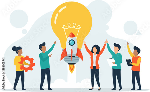 Diverse team celebrating a successful product launch symbolized by a rocket taking off beneath a giant lightbulb on white background