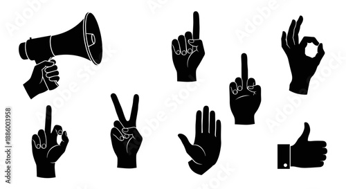 Collection of Black Hand Gestures and Megaphone Icon.