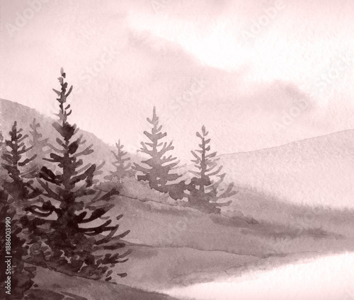 Watercolor landscape. Stream in a valley.