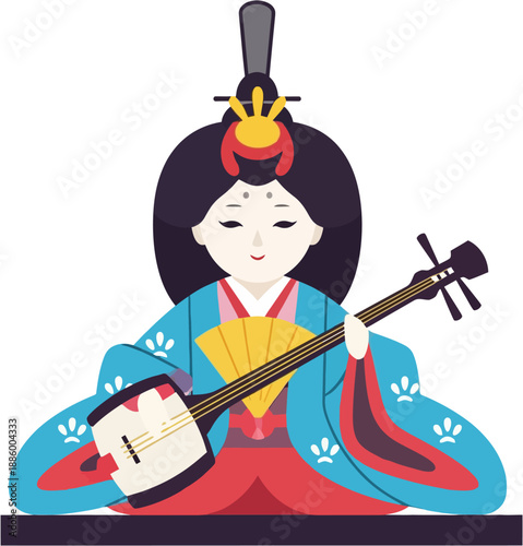 Musician Hina Doll with String Instrument Vector Illustration of Traditional Japanese Festival Court Music Doll in Cute Flat Style for Hinamatsuri