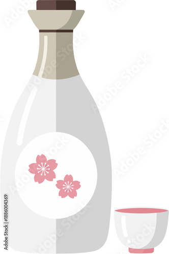 White Sake Bottle and Cup Vector Illustration of Traditional Japanese Rice Wine Drink Set for Hinamatsuri Festival in Cute Flat Style