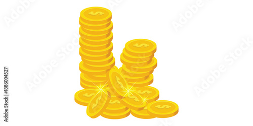 Heap of gold coins with us dollar currency sign vector illustration, Money coin stack pile on transparent background
