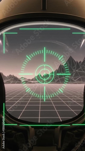 Futuristic cockpit HUD view through aircraft windshield with target reticle over rugged mountains and valley scenery.