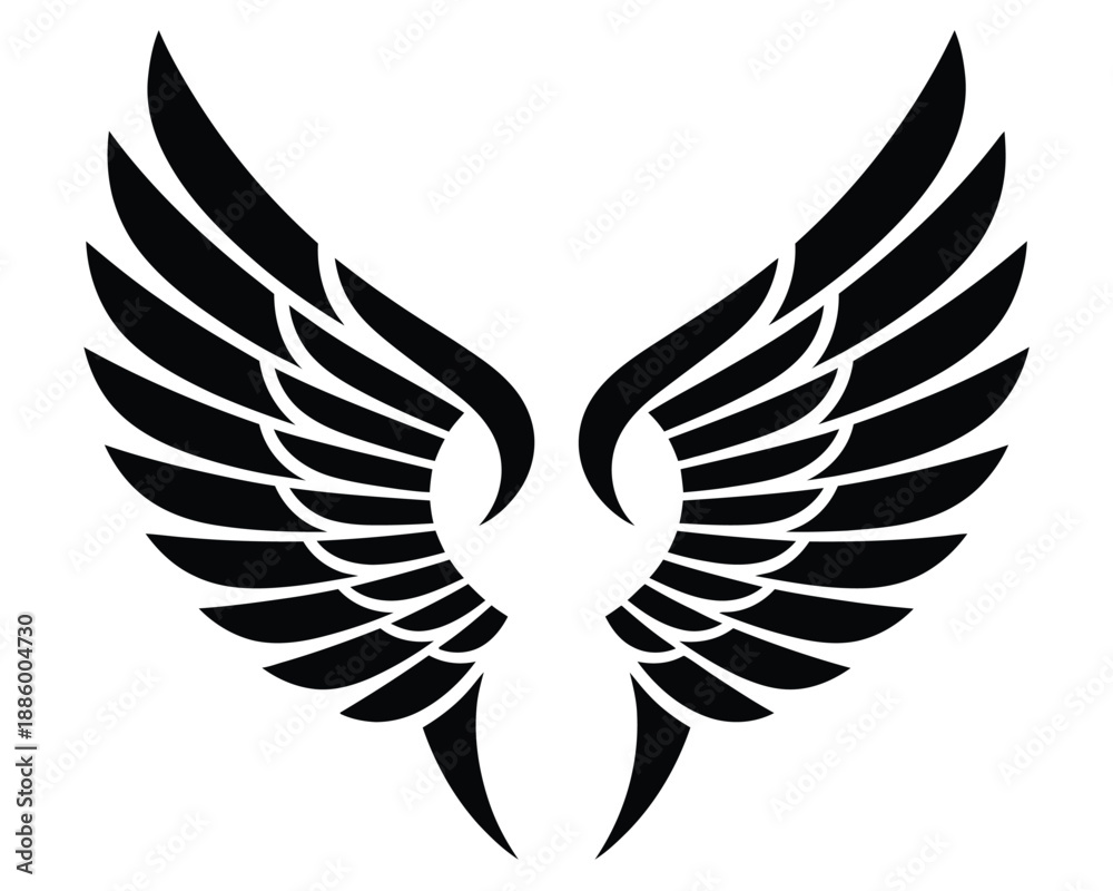 Obraz premium wings emblem silhouette illustration, symmetrical angel or phoenix wing symbol representing freedom power protection and strength for logo branding tattoo and modern graphic design use.