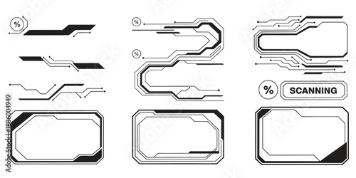 Futuristic HUD frame elements set, sci fi user interface borders panels and scanning display shapes for technology dashboard game and digital screen design.