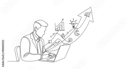 Continuous Line Drawing of Business Growth and Success with Businessman Using Laptop