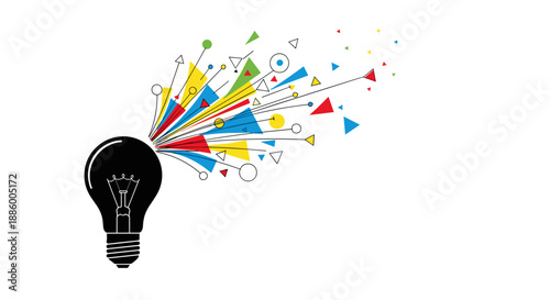 Creative light bulb exploding with colorful ideas and abstract shapes.