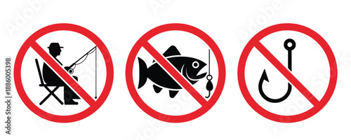 No fishing prohibition signs set, red warning symbols with crossed fisherman fish and hook icons for safety regulation notice and restricted area signage design.
