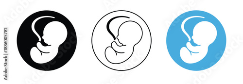 Pregnancy fetus icon set, minimalist unborn baby symbols in black white and blue circular styles for medical healthcare maternity education and modern graphic design use.