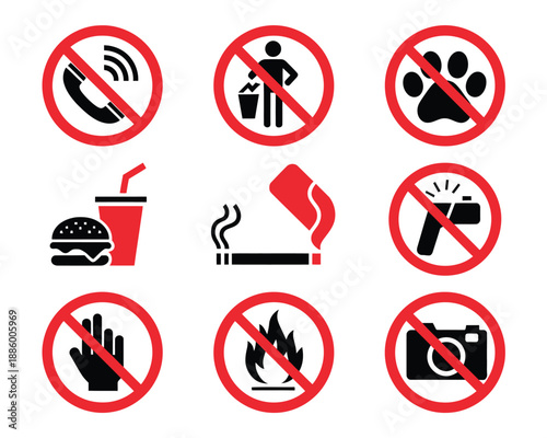 Prohibition warning symbols icon set, universal forbidden signs including no phone food smoking fire camera pets and restricted actions for safety signage design.