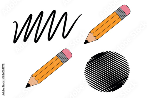 Colorful illustration of pencils and shading techniques on white background with black lines