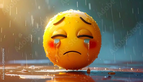 Sad, tearful yellow emoji face, cheek blushes, heavy droplets of water, glistening floor, and blurred background