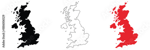 United Kingdom map silhouette set, black outline and red filled UK country shapes including Great Britain for geography education, infographic and modern design use.
