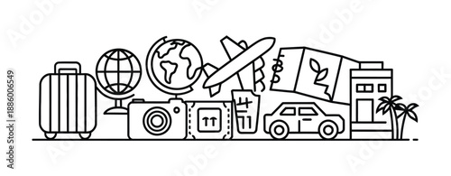 Travel tourism line illustration, journey and vacation symbols including airplane luggage camera hotel car passport and world landmarks for modern travel design.