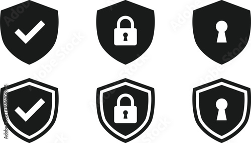 Security shield icons set with check mark lock and keyhole symbols minimalist vector illustration for protection privacy safety design