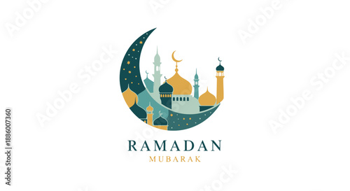 Ramadan Mubarak Greeting Card with Mosque and Crescent Moon.