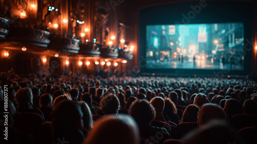 Crowd captivated by the cinema screen in a grand theater