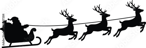 Santa Claus sleigh silhouette with flying reindeer creating magical Christmas holiday winter night festive vector illustration design