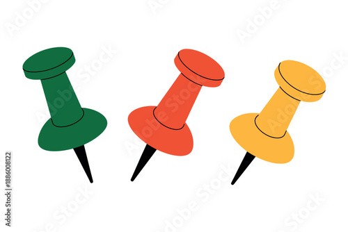 Colorful push pins in green, red, and yellow, isolated on white background