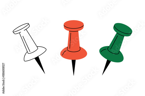 Colorful push pins in white, red, and green on a plain background for organization
