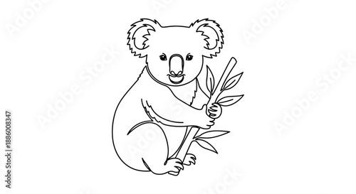 Cute Koala Illustration Holding Eucalyptus Branch Line Art.