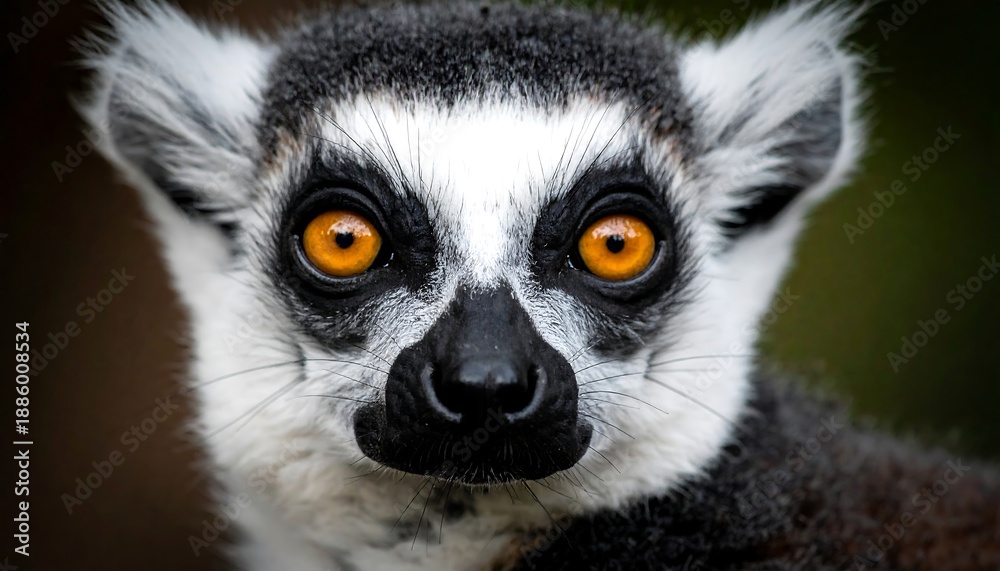 Fototapeta premium Ring-tailed lemur with striking orange eyes stares intently at viewer, framed by black and white fur