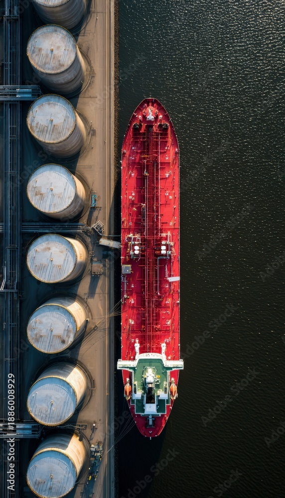 Fototapeta premium Aerial View of Red Hull Tanker Unloading at Coastal Energy Terminal