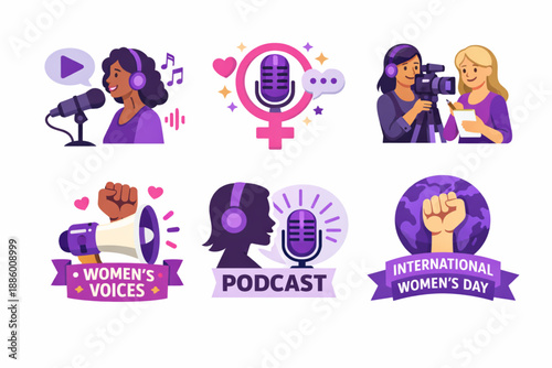 International Women’s Day women voices media icon set