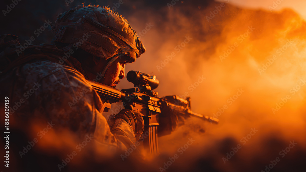 Fototapeta premium Machine Gunner Firing Amidst Golden-Hour Smoke with Cinematic Lighting