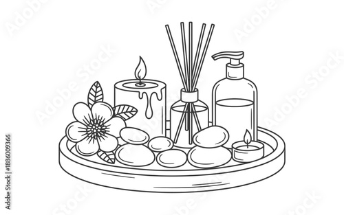 Hand drawn set of aromatherapy candles and essential oil diffuser