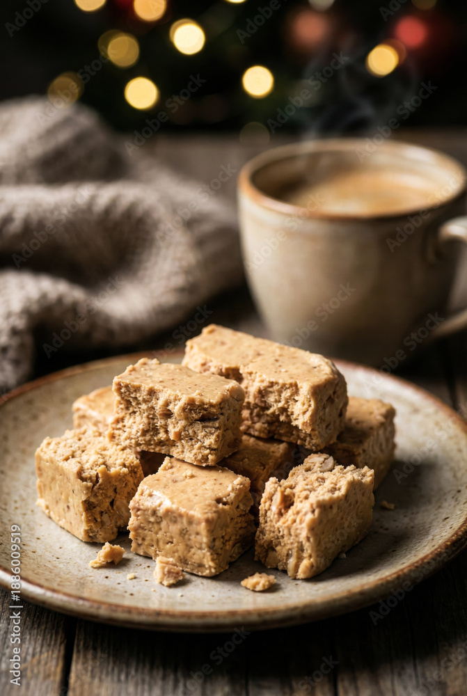 Fototapeta premium Traditional Spanish soft almond turron with coffee and bokeh lights
