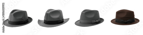 Schilderij op canvas Felt Fedora Trilby Hat Set Isolated on White PNG Vintage Gangster Style Headwear