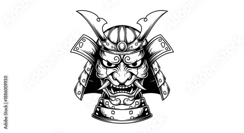 Detailed Illustration of a Fierce Samurai Mask.
