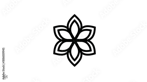 Minimalist six-petaled flower icon design. Simple geometric blossom line art symbol. Abstract floral shape on white background.