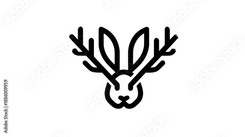 Minimalist Jackalope icon, black line art vector illustration of a mythical rabbit with antlers, fantasy creature graphic.