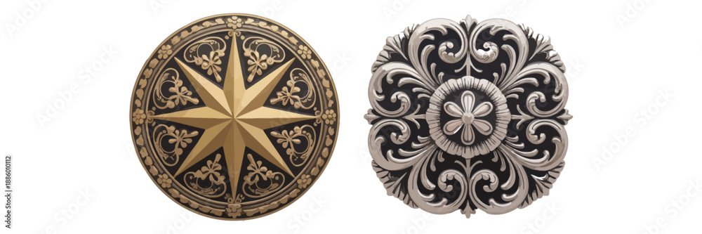 Fototapeta premium Rodeo belt buckle isolated on clear white background, featuring highly detailed decorative design associated with rodeo competitions, western culture, cowboy fashion, awards, and classic Americana acc