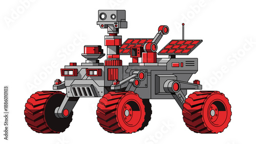 Detailed illustration of a red and gray Mars rover exploring the planets surface.