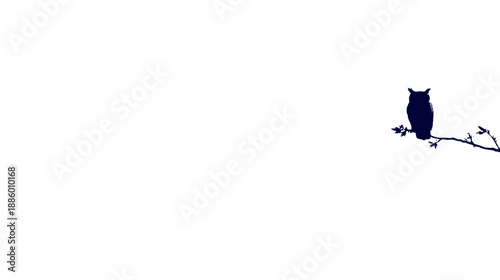 Dark minimalist owl silhouette perched on a barren tree branch against a clean white background, simple graphic vector illustration.