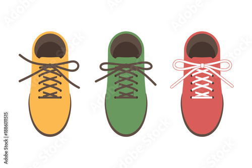 Colorful illustration of three sneakers with laces in yellow, green, and red hues side by side