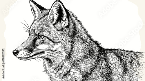 Detailed monochrome illustration of a fox showcasing its focused gaze and fur texture.