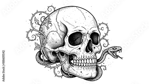 Detailed monochrome illustration of a human skull with a snake entwined around it.