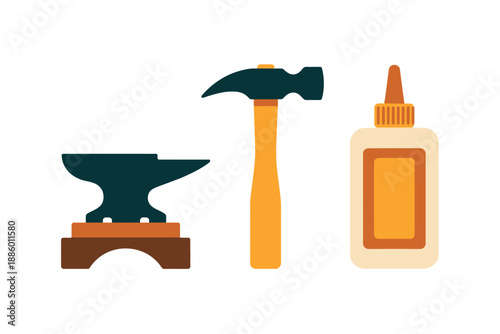 Colorful illustration of tools and equipment for crafting and DIY projects at home workspace