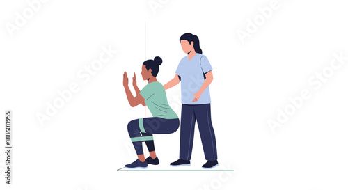 Physiotherapist guiding recovery patient doing resistance wall squat
