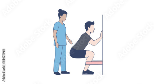 Physiotherapist assists man performing strength training wall squat