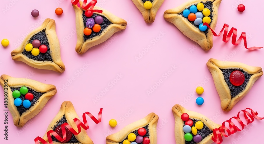 Obraz premium A vibrant and colorful arrangement of traditional Jewish hamantaschen cookies on a pink background