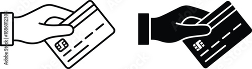 Hand holding credit card payment icons outline and solid styles secure banking finance transaction vector illustration isolated white background design